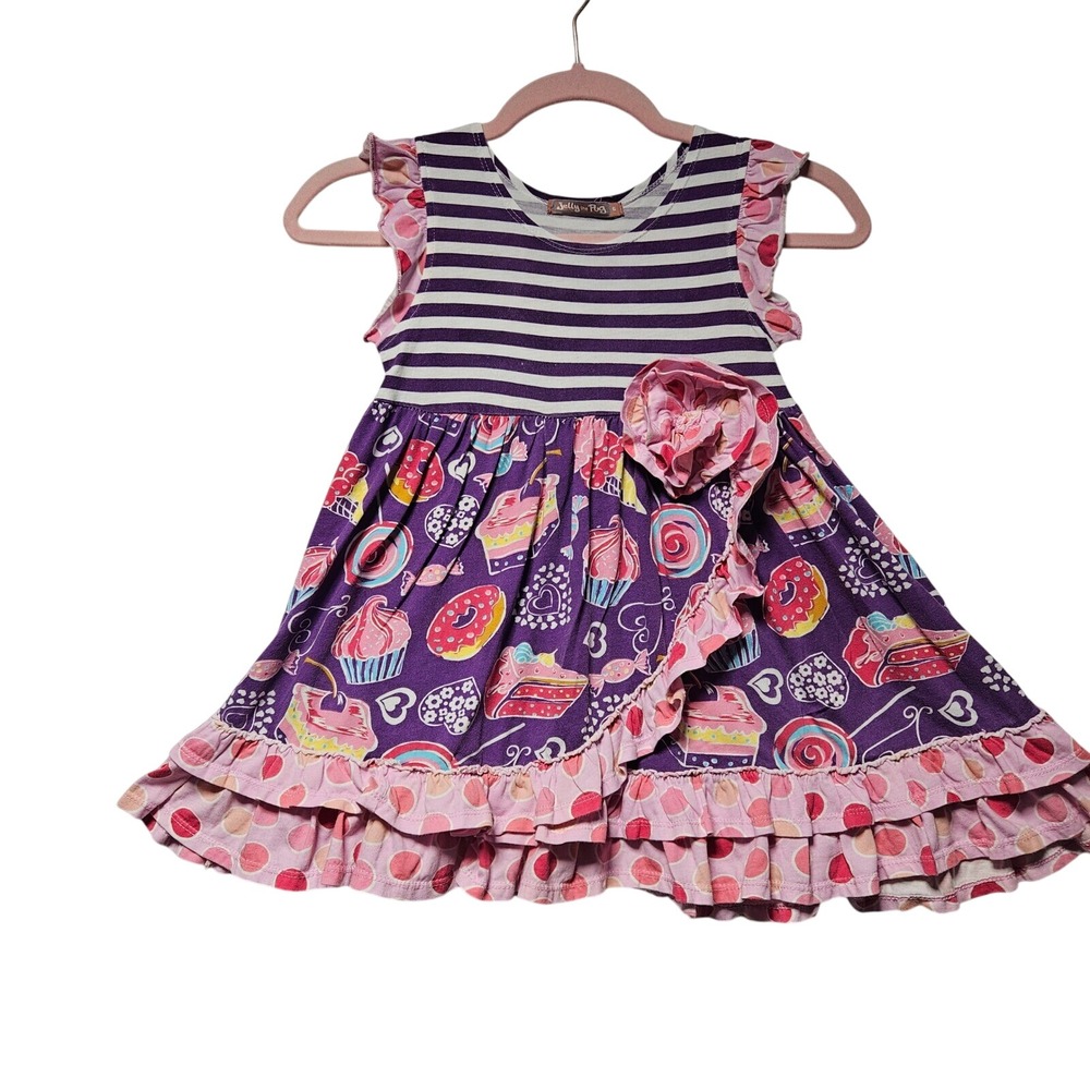 Jelly the Pug Cupcake Dress Ruffle Accent Party Outfit Purple Striped Girls SZ 6